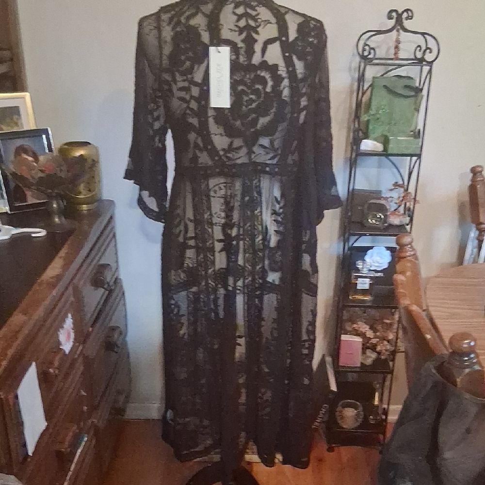 NWT Rachel Zoe Sheer Black Lace Kimono Cover Up O/S - Picture 5 of 9